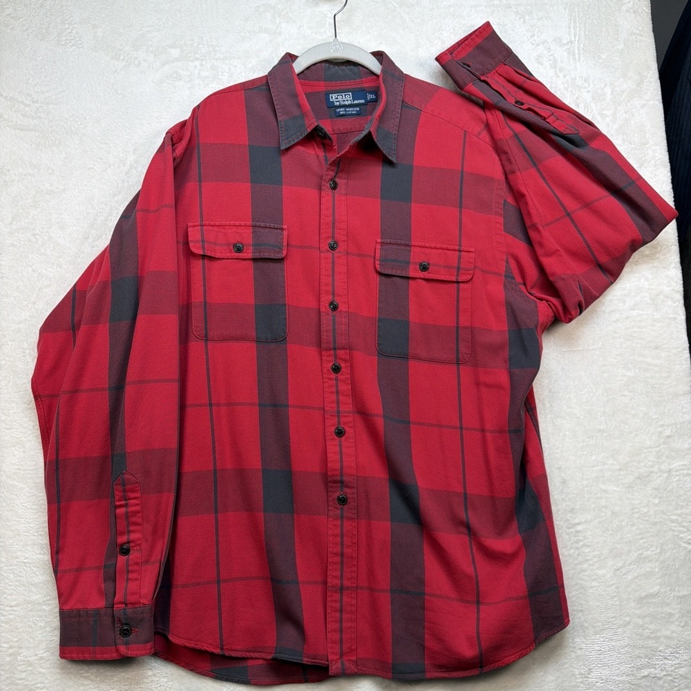 Polo Ralph Lauren Flannel Shirt Red Black Plaid Button Up Mens XL Workwear